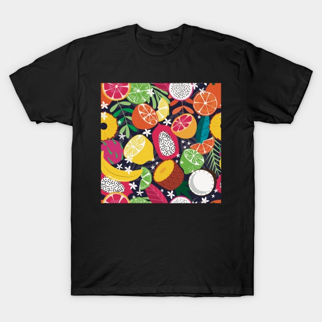 Colorful, juicy pattern with tropical fruits like lemon, pineapple, coconut, pitaya, dragonfruit, lime, banana, orange on dark background T-Shirt by marina63